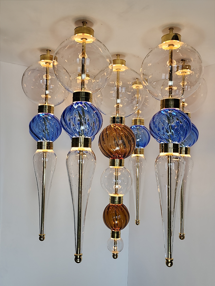 blown glass and brass chandelier